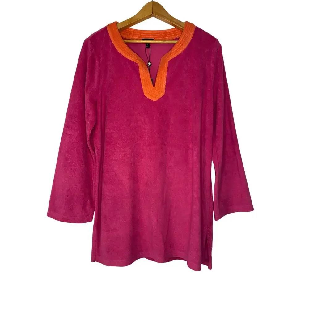 NWT Talbots Swim Cover Up Tunic Red Orange Size Large Long Shirt Terrycloth